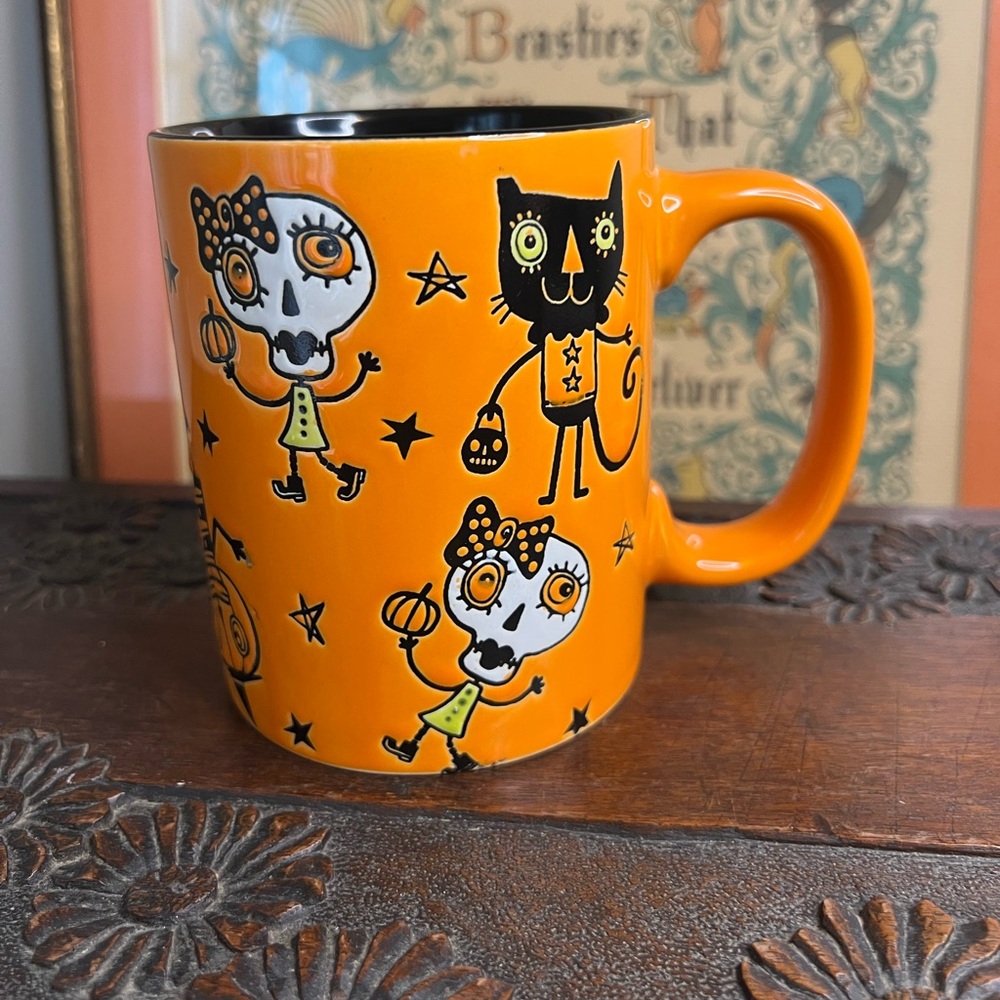 Halloween Mug Cats Pumpkin Guy Skelton Lady whimsical Halloween mug